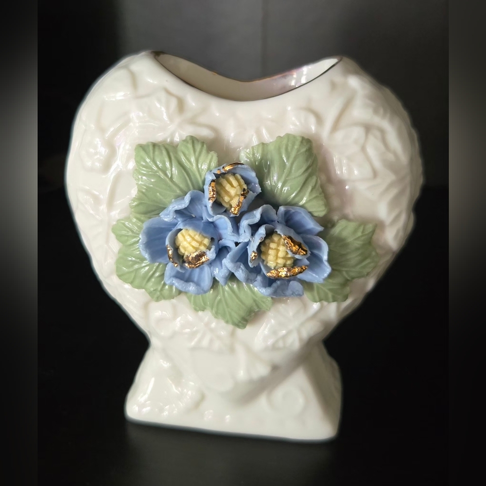 Porcelain Heart Vase with Blue Floral Accents